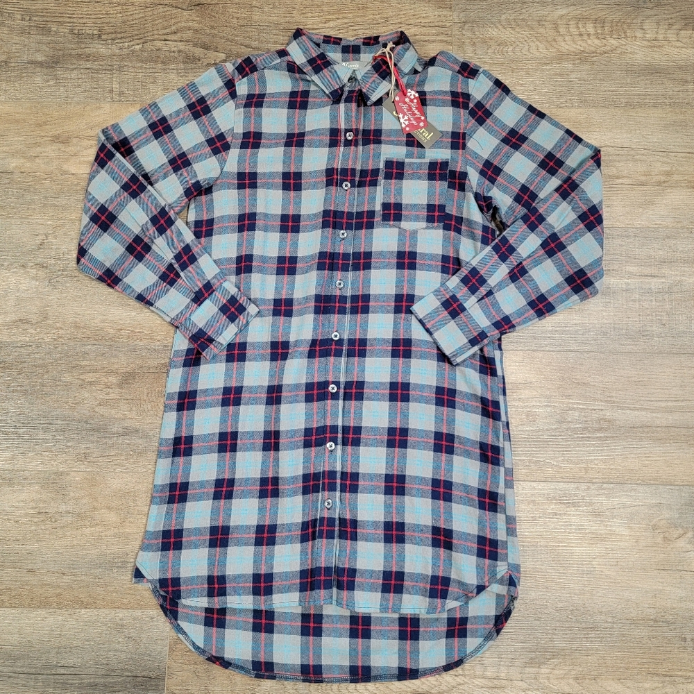 Natural Reflections Blue Plaid Flannel Button-Down Sleep Shirt Nightgown Medium